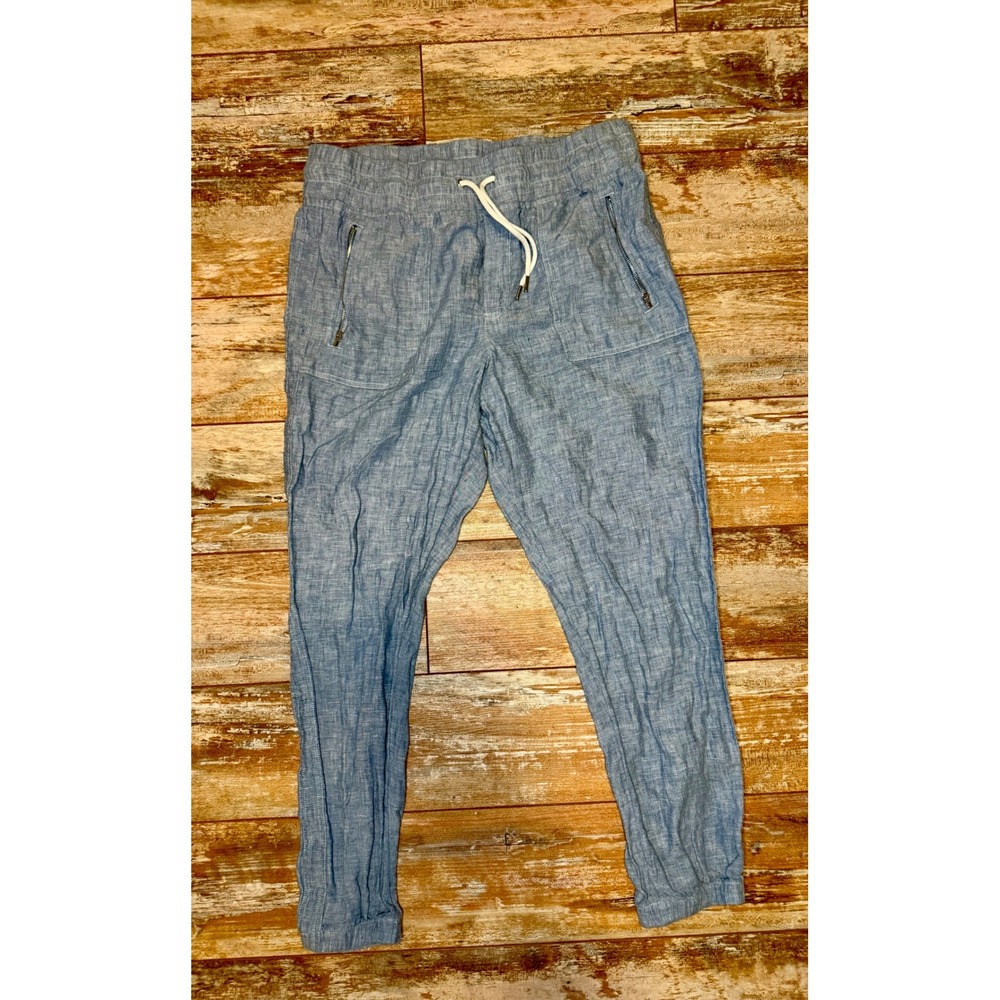 Athleta Cabo Linen Jogger Pants Blue Chambray Size 12 Drawstring Zip Pockets